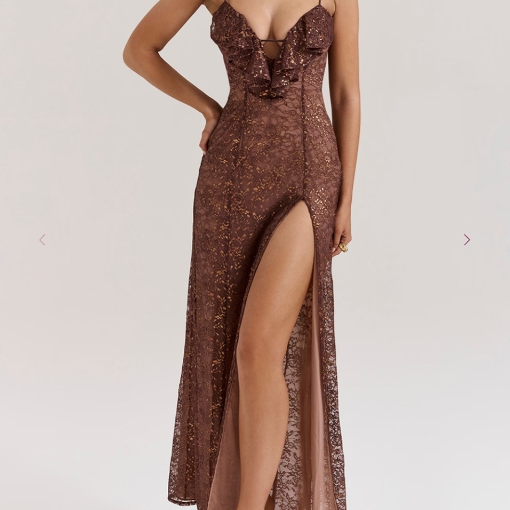 House of CB Brown Lace Maxi Dress with Gold Accents